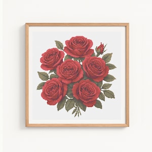 Red Roses Bouquet Cross Stitch Pattern, Counted Cross Stitch Floral Design, Modern Botanical Embroidery, Victorian Garden Roses, Flowers PDF