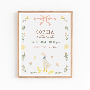Födelsemeddelande korsstygnsmönster, anpassningsbart gåsblommigt broderi i PDF-format, modern barnrumsdekor för flickor och pojkar, gör-det-själv babyshowerpresent