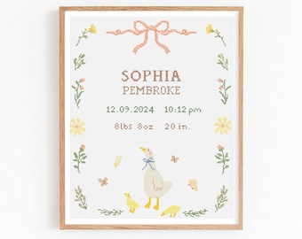 Baby Birth Announcement Cross Stitch Pattern, Customizable Goose Floral Embroidery PDF, Modern Girl Boy Nursery Decor, DIY Baby Shower Gift