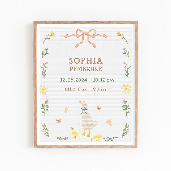 Baby Birth Announcement Cross Stitch Pattern, Customizable Goose Floral Embroidery PDF, Modern Girl Boy Nursery Decor, DIY Baby Shower Gift