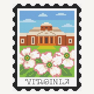 May include: A cross-stitch design of a Virginia postage stamp. The stamp features a building with a brown roof and columns, white dogwood flowers, and the word "VIRGINIA" at the bottom. The background is blue.