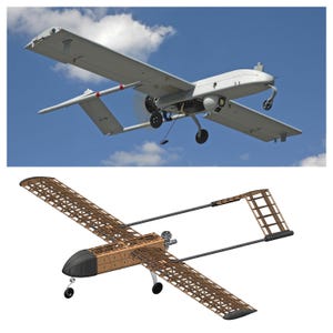 Puede incluir: Un vehículo aéreo no tripulado (UAV) gris en vuelo contra un cielo azul con nubes. El UAV tiene una envergadura larga, una hélice y tren de aterrizaje. Debajo, se muestra un modelo 3D de un UAV similar.