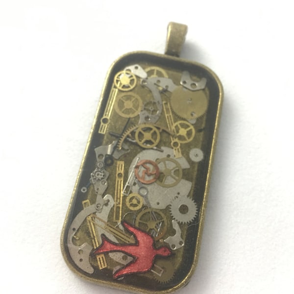 Antiqued Brass Clockwork Clutter Necklace with Red Bird