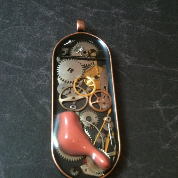 Antiqued Copper Clockwork Clutter with Pink Bird Necklace
