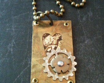 Heart Window Steampunk Necklace with Flower and Gear