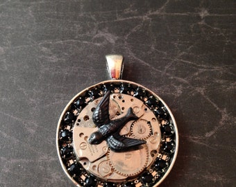 Watch Movement with Crystals and Black Bird Steampunk Necklace