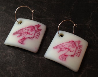 Hand Stamped Victorian Bird on Sea Glass Earrings