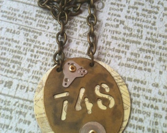 Tag and Watch Parts Over Map Steampunk Necklace