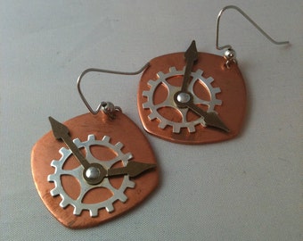 Copper and Silver Gear and Watch Hands Earrings
