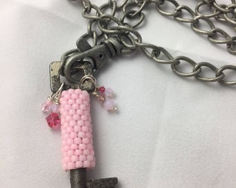 Pink Beaded Antique Key Necklace
