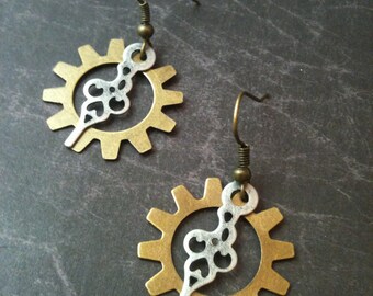 Antiqued Brass Gear and Watch Hand Steampunk Earrings