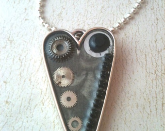 Rusty Watch Gears in Antiqued Silver Heart Steampunk Necklace