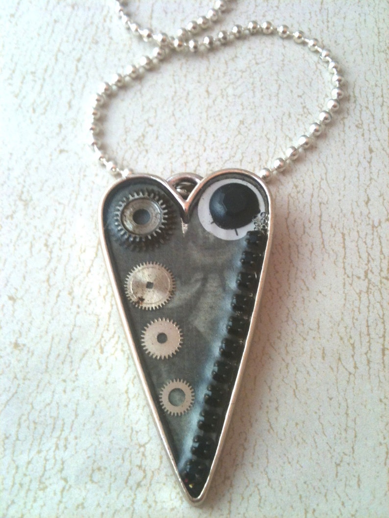 Rusty Watch Gears in Antiqued Silver Heart Steampunk Necklace image 1