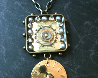 Studded Antiqued Brass with Watch Faces Steampunk Necklace