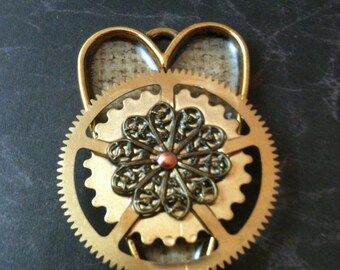 Antiqued Gold Heart with Filigree and Gear Steampunk Heart Necklace