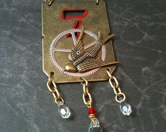 Lucky 7 Gear, Bird and Crystal Steampunk Necklace