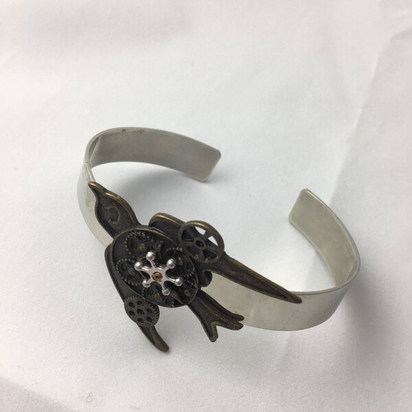 Brass Bird with Gears on Cuff Bracelet