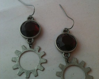 Antiqued Silver Deep Red Glass Crystal with Gears Earrings