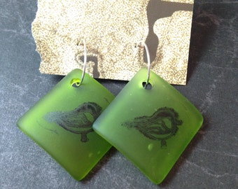 Stamped Victorian Bird on Green Sea Glass Earrings