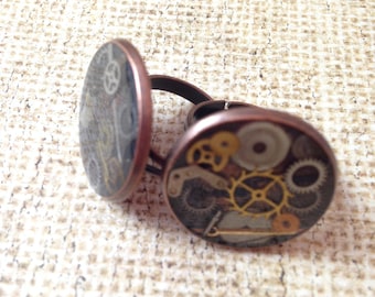 Large Antiqued Copper Clockwork Clutter Adjustable Ring