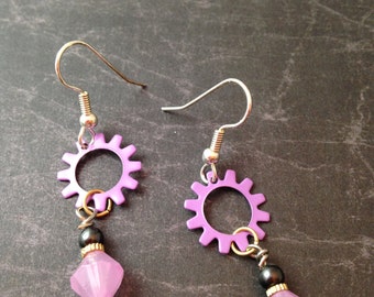 Light Purple Gear and Crystal Steampunk Earrings