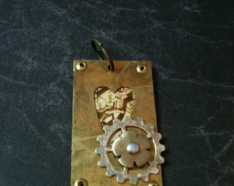 Brass Steampunk Heart Clockwork Window Necklace with Gear and Flower