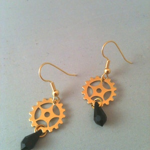 Brass Gear and Black Swarovski Crystal Steampunk Earrings