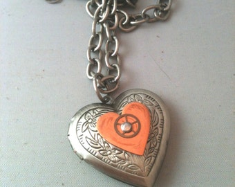 Antiqued Silver Locket with Copper Heart and Watch Gear Necklace