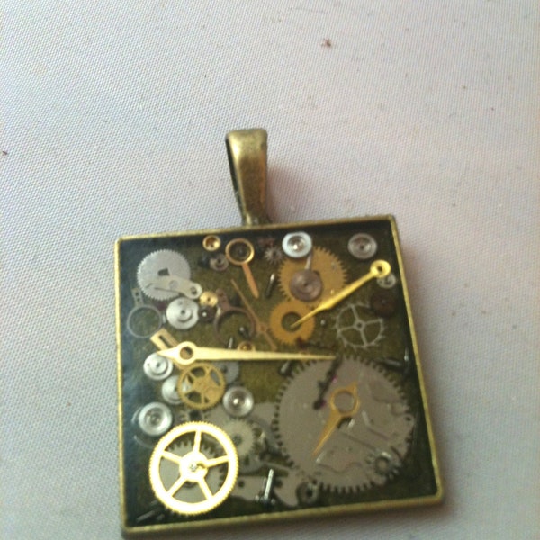 Square Antiqued Brass Clockwork Clutter Necklace