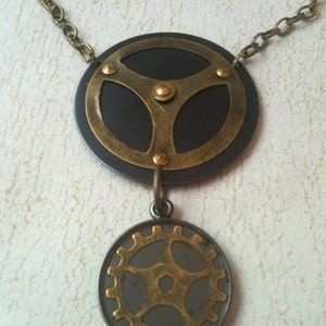 Black and Antiqued Brass Gears Steampunk Necklace