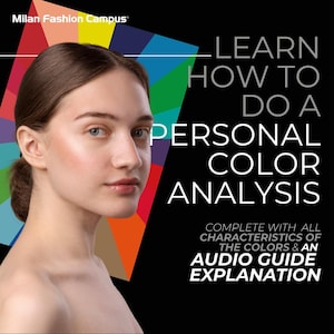 以下が含まれることがあります： 茶色の髪と色白の女性が写ったプロモーション画像です。「パーソナルカラー分析の方法を学ぶ」というテキストと、色の特性とオーディオガイドに関する追加テキストが記載されています。カラフルなパレットが背景にあります。