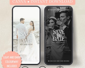 May include: Two smartphones displaying wedding-themed graphics. One shows a couple on a beach, the other a couple toasting. Text includes "SAVE THE DATE" and "Animated Save the Date Canva Instant Download". A pink badge says "Light and Dark Colourway Included".