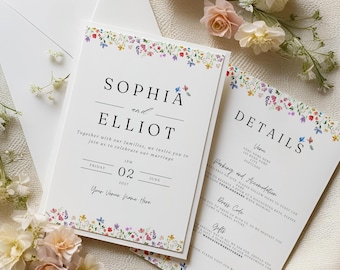 Peut inclure: Invitation de mariage avec une bordure florale. L'invitation est blanche avec du texte noir et dit "Sophia et Elliot" et "Vendredi, 02 juin 2027". La carte des détails est blanche avec du texte noir et dit "Détails" et "Parking et hébergement".