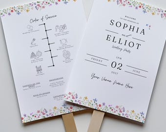 Printable Wedding Fan Template | Modern Program Fan for Ceremony | Canva Editable | Minimalist Outdoor Wedding Fans | Summer Wildflower