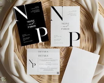 Classic Black and White Wedding Invitation Bundle | Simple Invitation Set | Canva Template | Intimate Suite Template | Modern Ceremony Suite