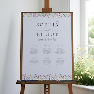 Mapa de assentos com flores silvestres de verão | Plano de assentos para convidados de casamento com flores excêntricas | Modelo Canva | Placa de assentos para casamento com flores | 002