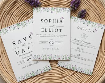 Lavender Floral Wedding Invitation Bundle | Simple, Pastel Invite | Canva Template, Save The Date Download
