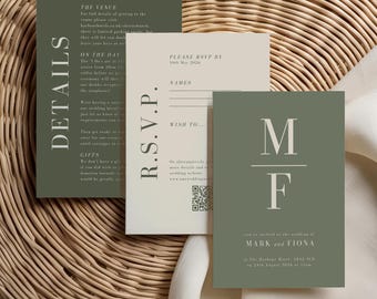 Sage Green Wedding Invitation Suite with Qr Code, Minimal Invite Set with Details Card, Modern Qr Code Rsvp, Editable Templates Bundle M008