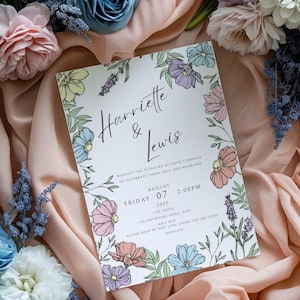 Faire-part de mariage pastel floral | Invitation florale | Modèle Canva, invitation avec code QR RSVP, carte détaillée, téléchargement