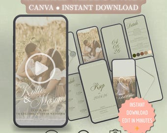 Geanimeerde video huwelijksuitnodiging, trouwdatum, DIY Canva-sjabloonontwerp, feestuitnodiging, moderne e-vite, salie stoffige groene bruiloft MP4