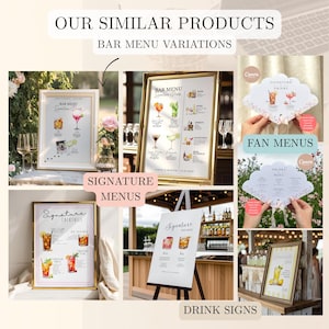 May include: A collage of bar menu variations, including framed signs and fan menus. The signs display signature drinks and bar menu options with colorful illustrations of cocktails. Text includes "Signature Menus" and "Drink Signs."