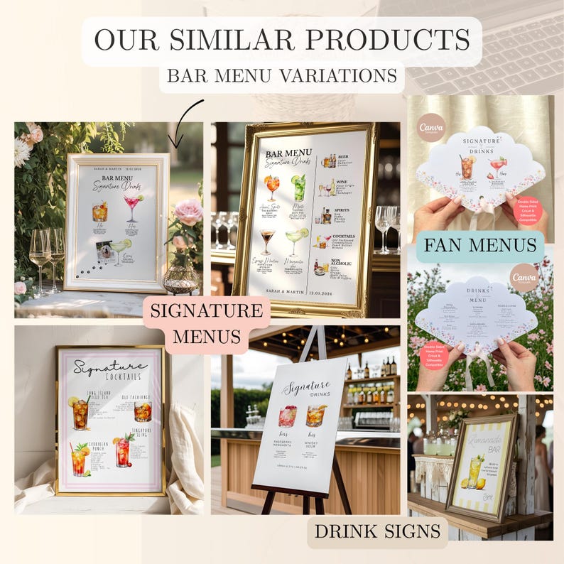 May include: A collage of bar menu variations, including framed signs and fan menus. The signs display signature drinks and bar menu options with colorful illustrations of cocktails. Text includes "Signature Menus" and "Drink Signs."