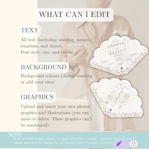 May include: Image showing editable wedding party fan templates. The text includes "WHAT CAN I EDIT", "TEXT", "BACKGROUND", and "GRAPHICS". The fan templates feature floral designs and the names "SOPHIA and ELLIOT".