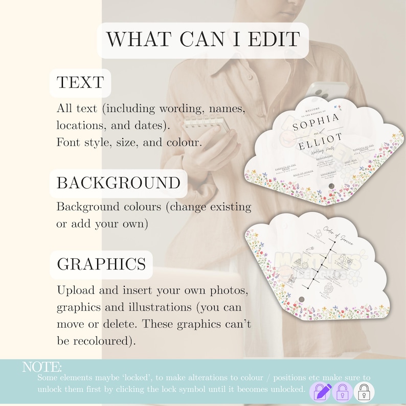 May include: Image showing editable wedding party fan templates. The text includes "WHAT CAN I EDIT", "TEXT", "BACKGROUND", and "GRAPHICS". The fan templates feature floral designs and the names "SOPHIA and ELLIOT".