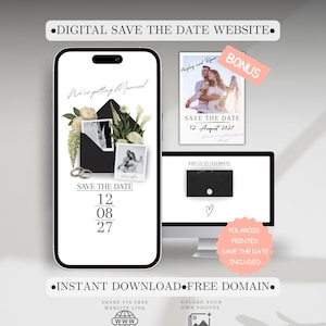 May include: A digital wedding save-the-date design, featuring a smartphone, computer screen, and bonus card. The smartphone displays a black envelope with floral accents and the text "We're getting Married." The computer screen shows a similar design. The bonus card has a photo of a couple.