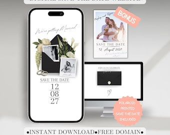 May include: A digital wedding save-the-date design, featuring a smartphone, computer screen, and bonus card. The smartphone displays a black envelope with floral accents and the text "We're getting Married." The computer screen shows a similar design. The bonus card has a photo of a couple.