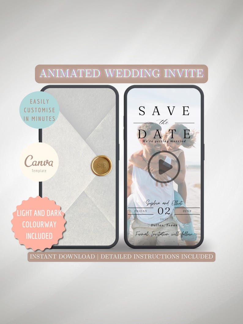 Puede incluir: Plantilla de invitaci&oacute;n de boda animada que se muestra en dos pantallas de tel&eacute;fonos inteligentes. Una pantalla muestra un sobre con un sello dorado, la otra muestra un anuncio de "Save the Date" con una pareja. El texto incluye "Animated Wedding Invite" y "Personaliza f&aacute;cilmente en minutos."