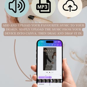 Puede incluir: Un tel&eacute;fono inteligente muestra un dise&ntilde;o de invitaci&oacute;n de boda con el texto "SAVE THE DATE". La imagen incluye iconos de audio, MP3 y carga en la nube, junto con instrucciones para agregar m&uacute;sica al dise&ntilde;o.