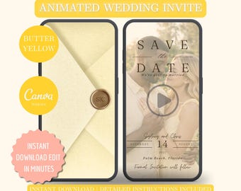 Butter Yellow Save The Date Video Invitation, Animated Canva Template, Wedding Celebration Invite, E-vite MP4