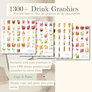 May include: Three printouts showcasing drink graphics, including cocktails, margaritas, and beers. The prints feature a variety of colorful illustrations of beverages. Text at the top reads "1300+ Drink Graphics". The bottom text says "Copy & Paste".